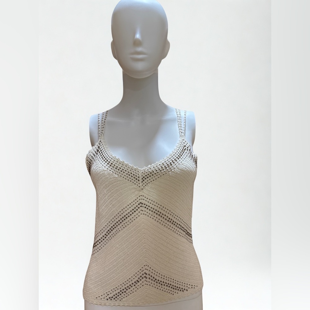 Vintage LaROK Beaded Crochet Tank Top Boho Y2K Glam – Size L – White